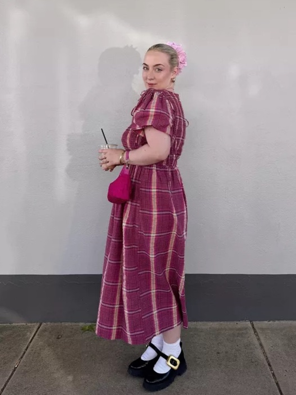 Damson Madder Becca Multi-Way Midi Dress in Pink/Khaki Check | US 12 - Picture 15 of 16